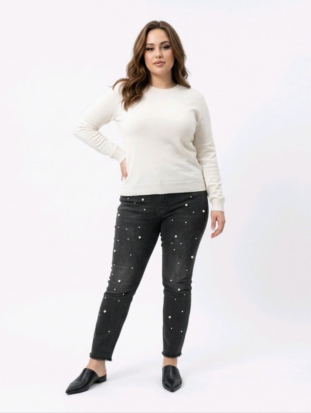 Indigo Rein Black Pearl-Studded Ankle Jeans